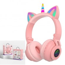 Беспроводные детские Bluetooth наушники LED с кошачьими ушками Единорог STN-27 Розовые