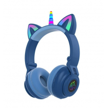 Беспроводные детские Bluetooth наушники LED с кошачьими ушками Единорог STN-27 Синие
