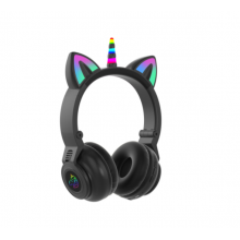 Беспроводные детские Bluetooth наушники LED с кошачьими ушками Единорог STN-27 Черные