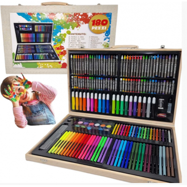 Детский набор для рисования и творчества TOPA 180 предметов в деревянном чемодане фломастеры карандаши мелки краски
